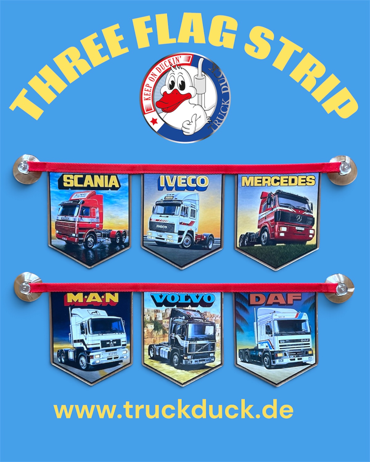 LKW Wimpelkette mit Saugnapf passend für MAN Volvo DAF Trucker Oldschool Deko Flagge Fahne Auto Banner Wimpel
