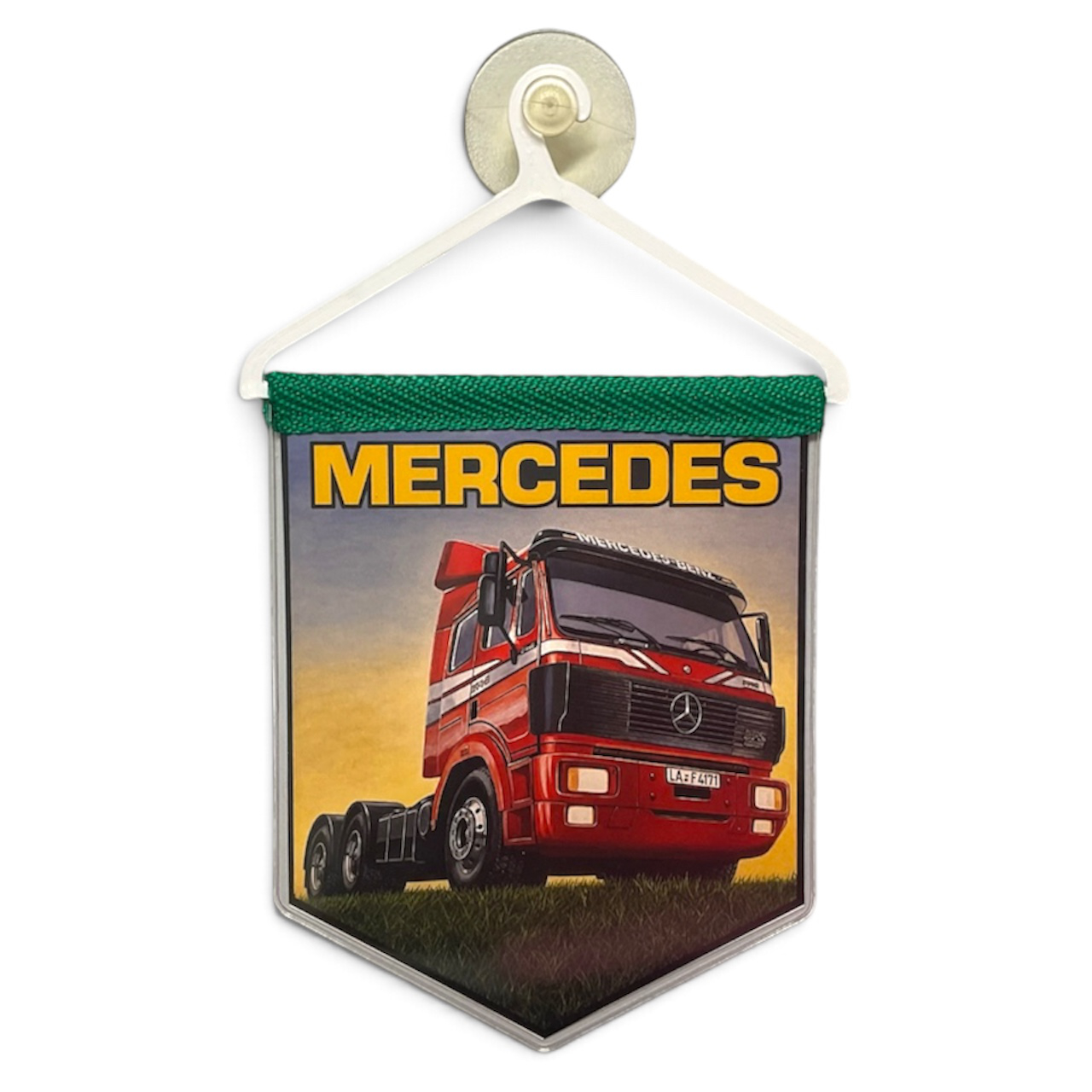 LKW Wimpel mit Halterung und Saugnapf passend für Mercedes Trucker Oldschool Deko Flagge Fahne Auto Banner