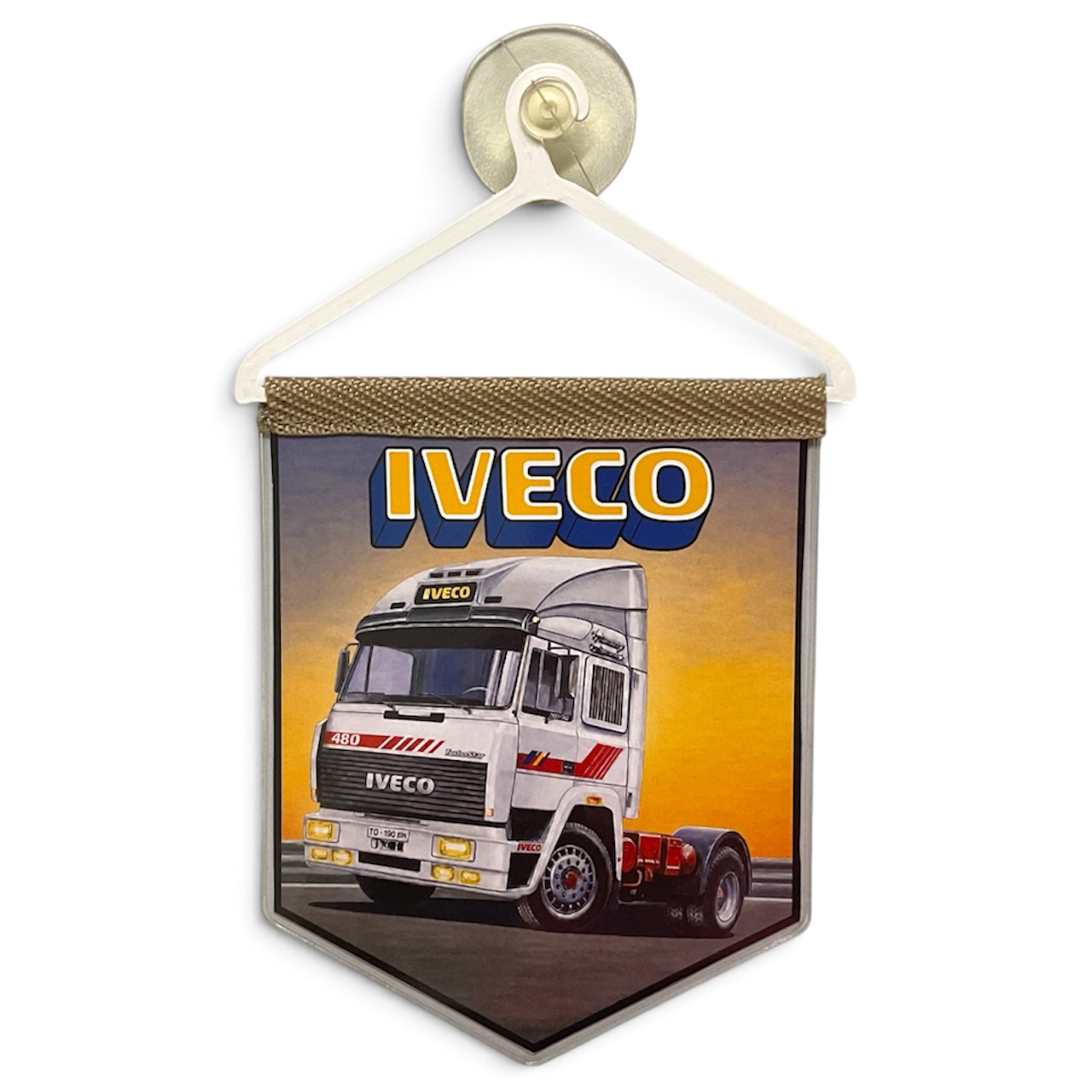 LKW Wimpel mit Halterung und Saugnapf passend für Iveco Trucker Oldschool Deko Flagge Fahne Auto Banner